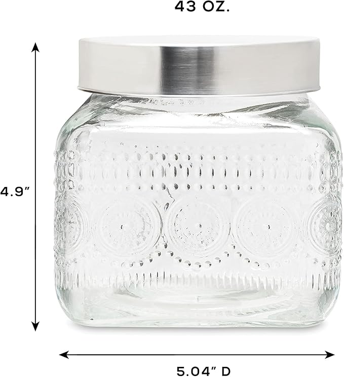 Style Setter Canister Set Decorative Glass Jars Chic Retro Floral Design with Airtight Lids for Cookies, Candy, Coffee, Flour, Sugar, Rice, Pasta, Cereal and More (Medallion Square)