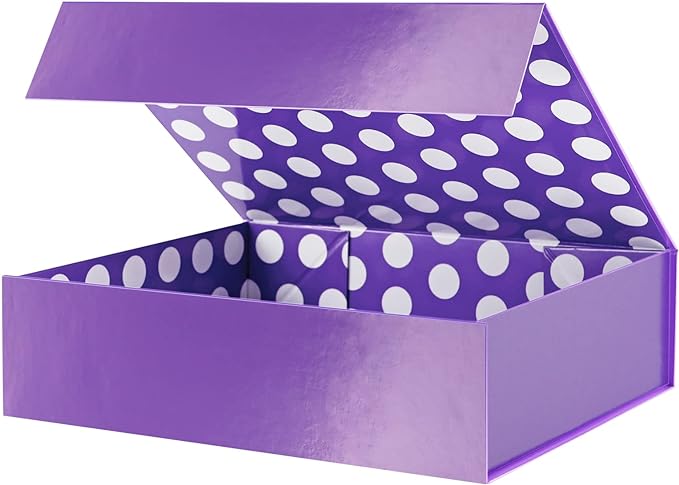 GREEN BEAN Gift Box 13x9.7x3.4 Inches, Large Purple Gift Box with Lid for Presents, Magnetic for Clothes, Shirt (Glossy Metallic Purple, Dot Design Inside)