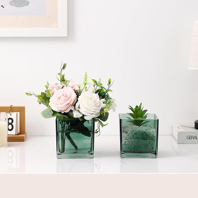 Square Green Glass Vases Set of 2, 6" x 6" x 6" Square Vase for Centerpieces, Flower Vases for CenterpieSquare Vaseces, Small Vase for Wedding, Party, Home Office Decoration