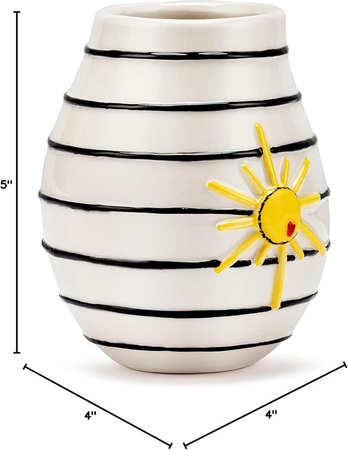 DEMDACO Black and White Stripe Yellow Sun 4 x 5 Stoneware Mini Decorative Vase