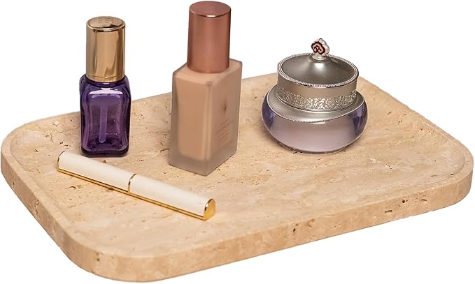 ‌VEROBELL Travertine Bathroom Vanity Tray | Natural Stone Storage Organizer | Luxury Home Decor for Countertop, Dresser, Spa | Non-Resin & Durable Design,11.8"x7.8"x0.6"