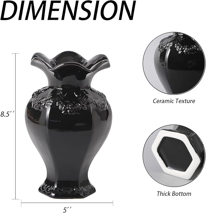 Black Ceramic Vase, Decorative Vase for Modern Home Decor, Farmhouse Minimalist Decor, Boho Flower Vases for Living Room, Bedroom, Kitchen, Dining Table, Office, Wedding, 8.5 Inches