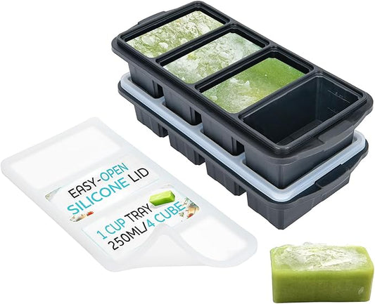 Silicone Freezer Tray With Lid - Soup Freezer Container molds - Large Ice Cube Tray- makes 8 perfect 1 cup portions cubes, 2-Pack Freezer Storage Food Soups & Meal Prep - Oven & Dishwasher -Safe