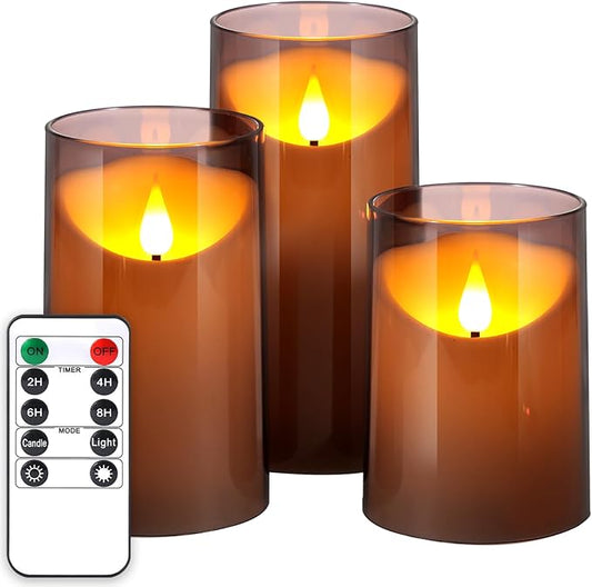 NURADA Flameless Candles with Remote Timer: 3D Wick Battery Operated Led Pillar Unbreakable Acrylic Fake Candle Set for Home Decoration Romantic Ambiance - Grey 3 Pack