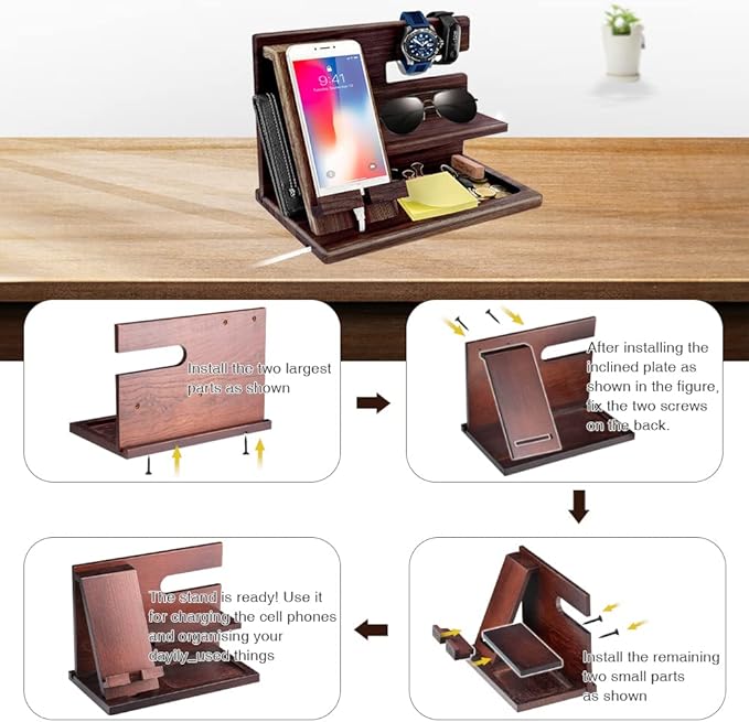 Gifts for Men Christmas, Wood Phone Docking Station, Mens Gifts for Birthday or Gifts for Dad Fathers Day, Desk Workspace Organizer Nightstand Organizer Key for Wallet & Watch Holder Husband Christmas