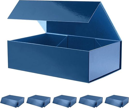 6 Large Gift Boxes with Lids 13.5x9x4.1 Inches, Navy Blue Groomsmen Proposal Gift Boxes with Magnetic Closure for All Occasion (Glossy Navy Blue)