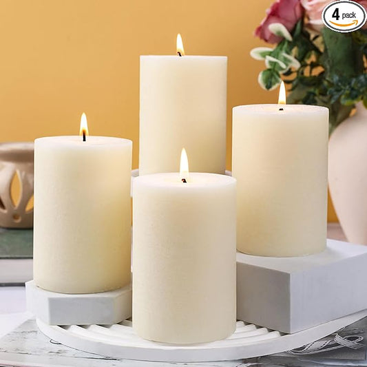 4 Pack Soy White Pillar Candles,Natural Soybean Pillar Candles,55 H Long Lasting Burning-Unscented,Dripless and Smokeless Rustic White Hand-Poured Candles Dinner Table,for Wedding,Home Decor 2.8x4in