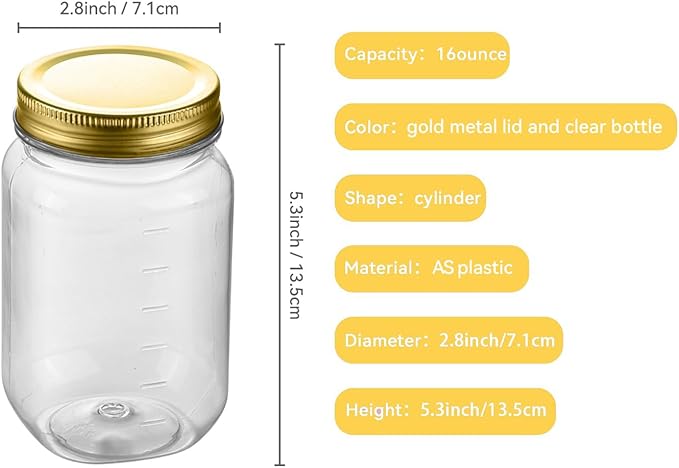 novelinks 16 oz Clear Plastic Jars with Screw-On Lids - BPA-Free Refillable Storage Containers for Slime, Food, Crafts, Kitchen & Household Use (20 Pack,Gold)