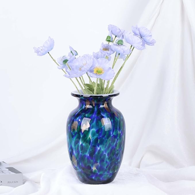 9" Cobalt Blue Blown Glass Vase – Hand Blown Wide Mouth Glass Art Sculpture, Coastal Sea Glass Decor Centerpiece, Unique Nautical Vase for Flowers, Bookshelf, Dining Room or Entryway (Blue)