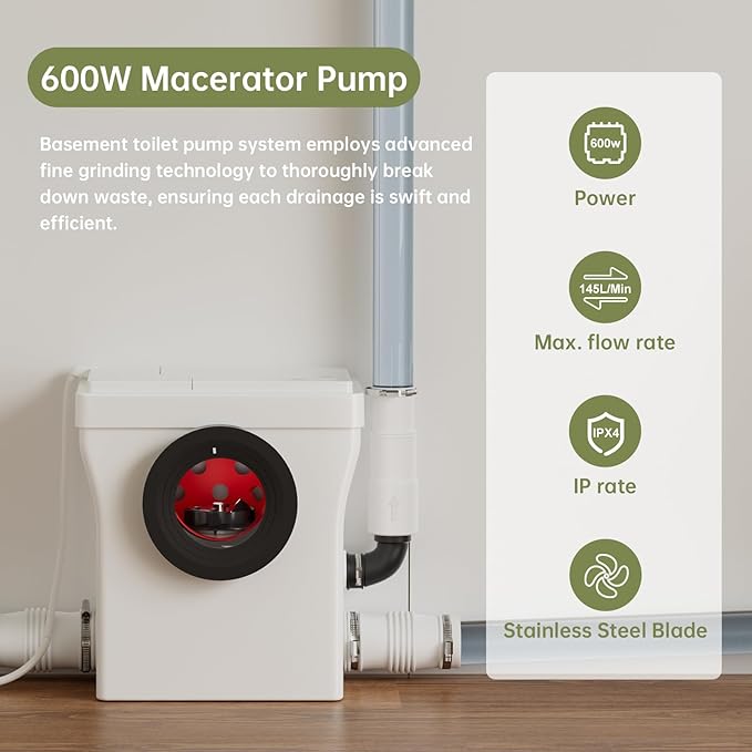 Simple Project Macerating Toilets System Kit, Upflow Toilet System | Upflush Toilet For Basement With 600w Macerator Pump Connect Sink, Bathroom, Laundry