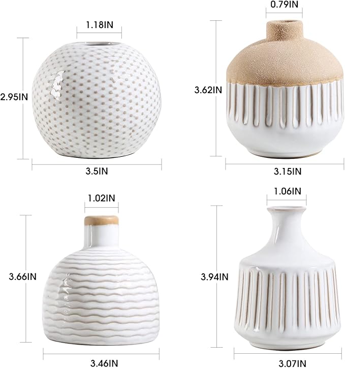 Boho Minimalist Small Ceramic Vase Set of 4 for Bedroom Living Room Office Fireplace Centerpiece Antique White Vintage Farmhouse Rustic Retro Flower Vases Home Decor Gift for Fake Plants