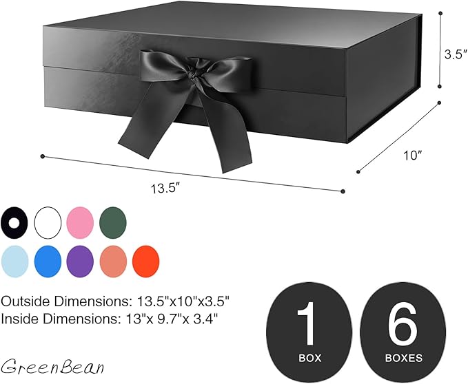 GREEN BEAN Large Gift Box with Lid for Present 13x9.7x3.4 Inches, Fathers Day Black Magnetic Luxury Gift Box with Ribbon, Groomsmen Proposal Box (Glossy Black)