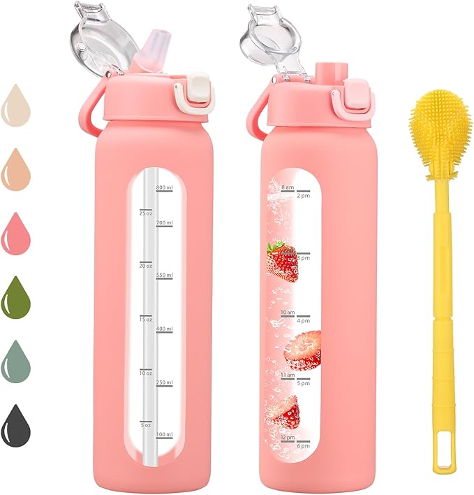 32 oz Glass Water Bottles with 2 Lids-Handle Spout Lid & Straw Lid, 1 Liter Motivational Borosilicate Water Bottle with Time Marker and Silicone Sleeve,Leakproof-Pink-1 Pack