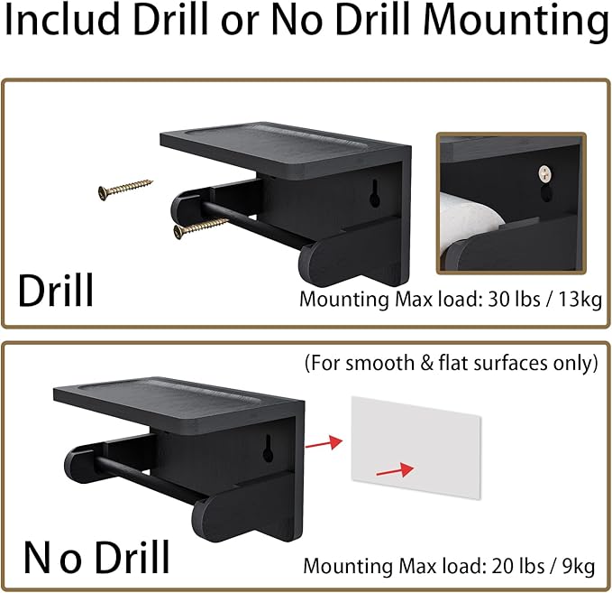 Drill-Free Toilet Paper Holder with Phone Shelf Bamboo Wall-Mounted, No-Drill & Drillable, Bathroom Storage Organizer, Space Saver Tissue Roll Rack for Bathroom, Kitchen, Home Decor (Black)