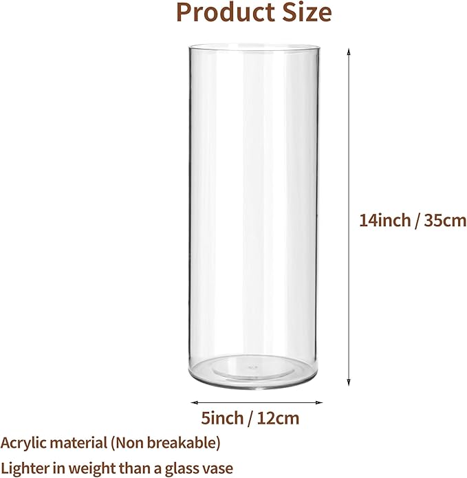 Clear Flower Vase, Non-breakable Vases, 5" W x 14" H, Acrylic Vase, Aesthetic Room Decor Cylindrical Modern Flower Vases for Table Centerpiece, Home Decor, Women Floral Arrangement Gift