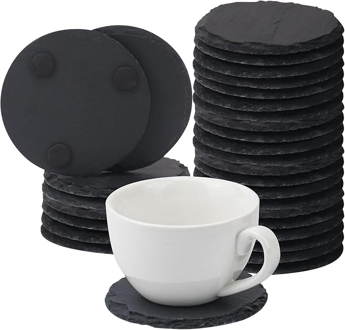 30 Pack 4 Inch Round Slate Coasters, Black Stone Coasters with Anti-Scratch Bottom, Ideal for Home Decor, Bar, Housewarming Gifts, and Laser Engraving KUKLIPJIM