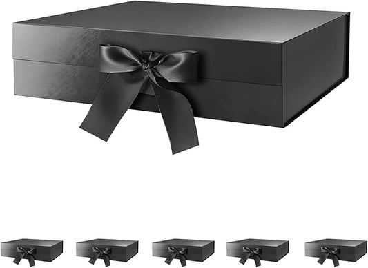 BLK&WH 6 Large Gift Boxes with Ribbon 13.5x9x4.1 Inches, Black Gift Boxes with Lids Large, Groomsmen Boxes, Luxury Magnetic Boxes for Presents (Glossy Black)