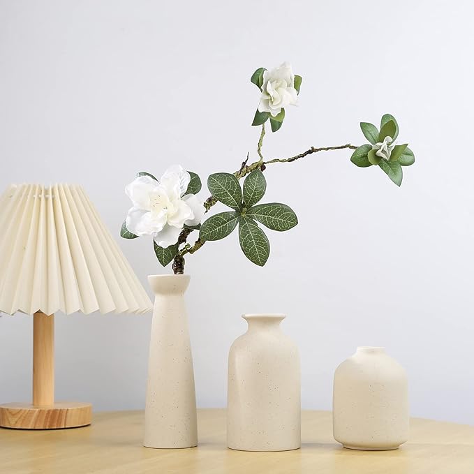 Ceramic Vase,Small Vases for Decor,Set 3 Modern Boho Vases for Flower Pampas,Fit for Living Room Desk Shelf Decor (Beige)
