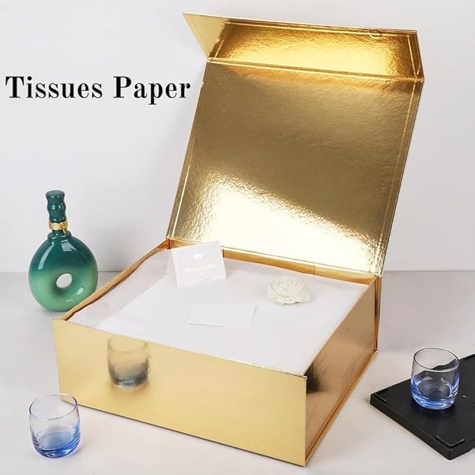 UoeRing 2 Pack Gold Gift Box Large 13.5x11.8x4.7 inch Luxury Gift Box for Presents with Magnetic Closure Lid Collapsible,Birthday,Contains Card, Ribbon, Tissue Paper,Shredded Paper Filler