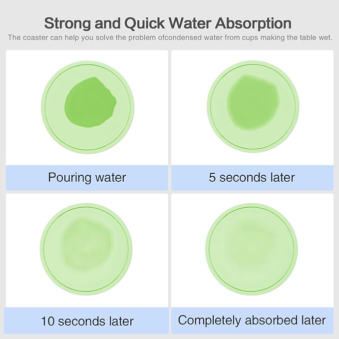 Azhou 6Pcs Drink Coaster with Holder, Green Absorbent Coasters for Drinks, Non-Slip with Velvet Bottom, Thick Heavy Duty 4 inch Ceramic Coasters, Home Decor Coffee Bar Accessories