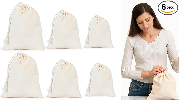 Premium Quality Organic Cotton Single Drawstring Muslin Produce Bags Pack of 6(2L+2M+2S) Multiuse - kitchen storage, Travel, Soap & Boot Storage, shoe bags -Beige