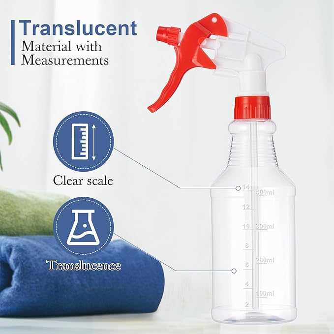 Eccliy 20 Pack 16oz Empty Spray Bottles, Leakproof Cleaning Bottles with Measurement and Adjustable Nozzle for Housekeeping, Commercial Use(Clear Cylinder,Red White Spray Head)