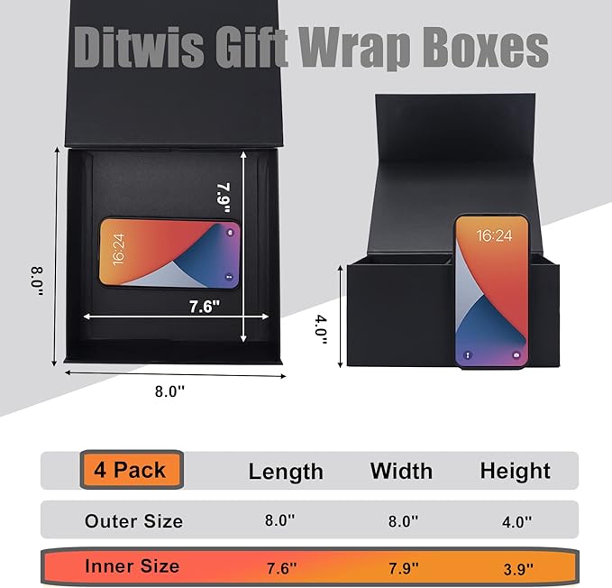 4 Pack 8x8x4 Inches Gift Boxes with Magnetic Closure Lids, Black Magnetic Box for Wedding, Groomsmen Bridesmaid Proposal, Birthdays, Mother's Day