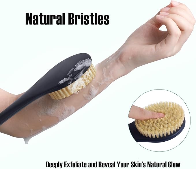 17-Inch Back Scrubber for Shower, Anti-Slip Exfoliating Body Brush for Bath, Gentle Back Brush for Shower for Men, and Women, Cleaning Skin for Smooth, Glowing Skin (Boar Bristles)