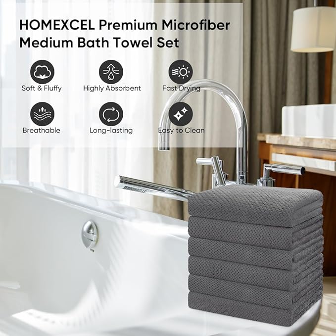 HOMEXCEL 6 Pack Bath Towel Set, (24 x 48 Inches) Microfiber Ultra Soft Highly Absorbent Bath Towels, Lightweight and Quick Drying Towels for Hotel, Bathroom, Spa and Beauty Parlor, Grey