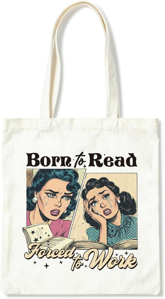 Funny Canvas Tote Bag, Born To Relax Forced To Work Tote Bags, Inspirational Canvas Totes for Work Traveling, Reusable Grocery Shoulder Shopping Bags, Christmas Gifts for Women Friends