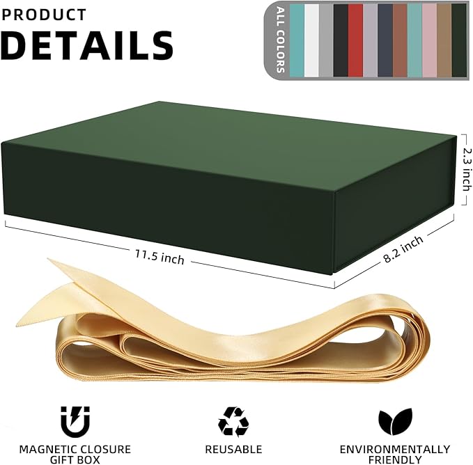 Gift Box with Lids, 11.5 x 8.5 x 2.3 In Magnetic Closure Collapsible Gift Boxes for wraps gifts of T-Shirts, Gloves, Scarves, Candy, Baby Clothes, Jewelry, Books, Comes with a Ribbon(Forest green)