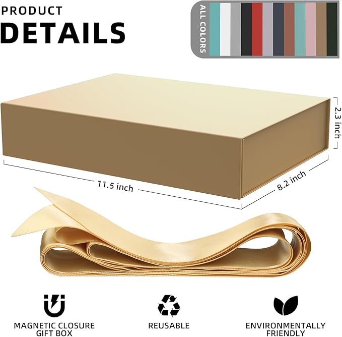 MOZRRO Gift Box 11.5 x 8.2 x 2.3 In Gift Boxes for Presents Magnetic Closure, Gift Boxes with Lids for Presents Birthday Luxury Jewelry T-shirts Gloves Scarves Books Clothes Gift Wrap - Gold