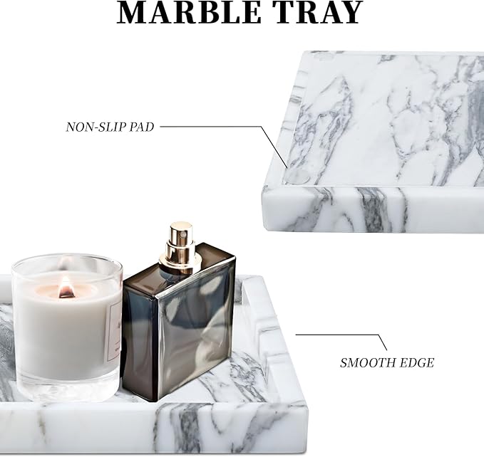 Amauto Natural Marble Vanity Tray Genuine Stone Storage Tray Real Luxurious for Home Decor Bathroom/Vanity/Dresser Non-Resin/Non-Ceramic (Arabescato Calacatta)