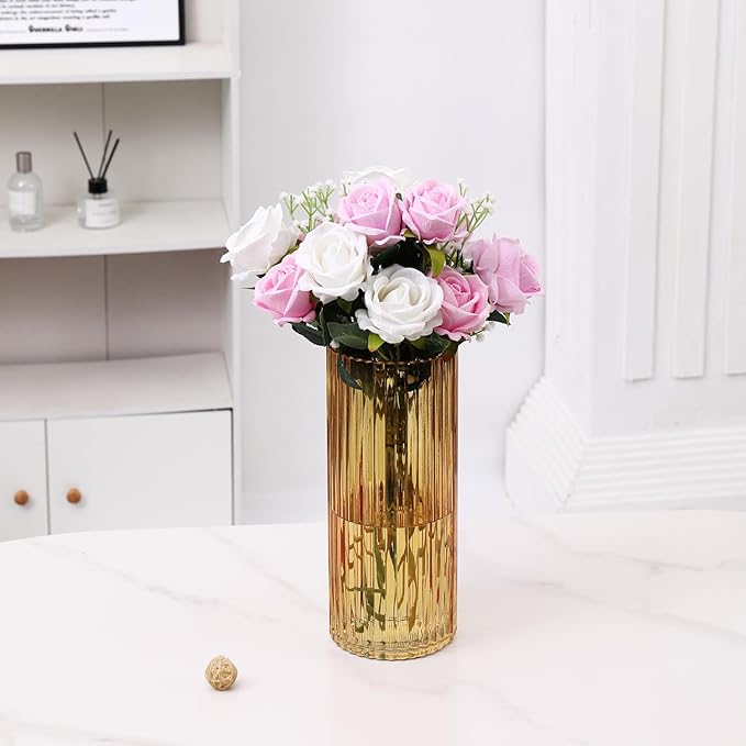 Amber Glass Vase for Flowers, Ribbed Glass Vases, Tall Glass Vases for Tulips, Modern Glass Vase for Living Room, Dining Table, Office, Wedding, Bookshelf, 12 Inches