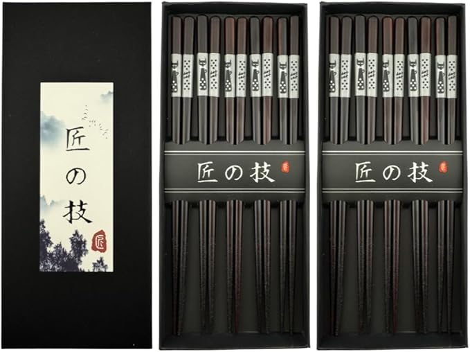 JapanBargain 4509x2, Bamboo Chopsticks Reusable Japanese Chinese Korean Wood Chop Sticks Hair Sticks 5 Pair Gift Boxed Set Dishwasher Safe, 9 inch, Silver-Cat, 2-Pack