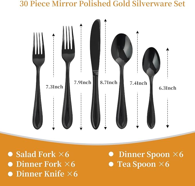 Black Silverware Set, 30-Piece Stainless Steel Flatware for 6, Heavy-Duty 18/0 Stainless Steel Utensils,Mirror Polished Dishwasher Safe for Home & Kitchen Dining
