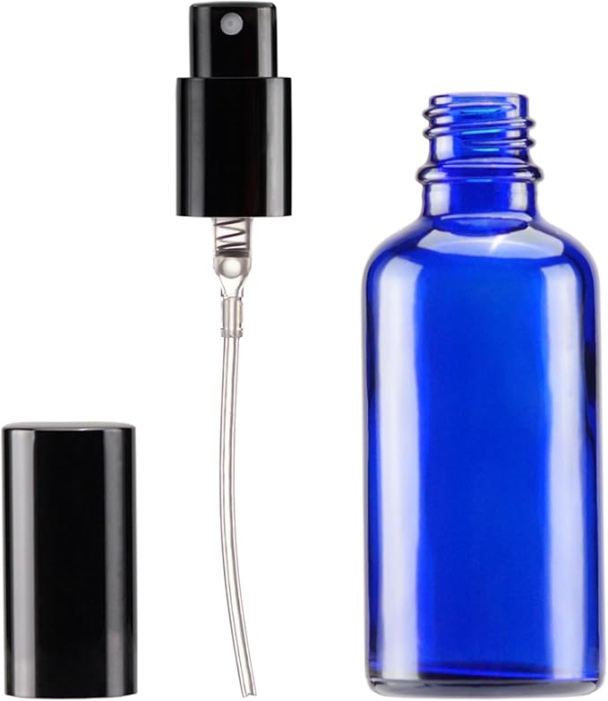 YIZHAO Blue Glass Spray Bottles 2oz, with Small Fine Mist Spray, Metal Cap, Refillable for Essential Oil,Travel,Cleaning,Perfume,Aromatherapy,Makeup – 12 Pcs