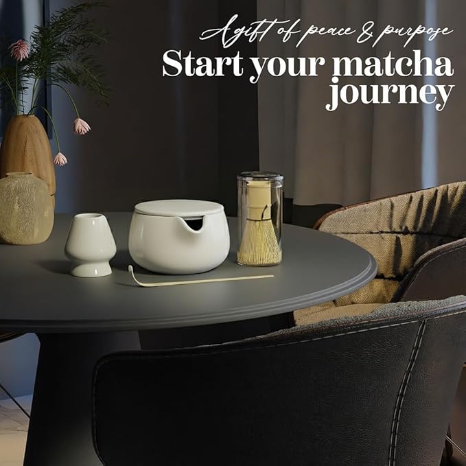 NEXTLUXE Matcha Whisk Set – Traditional Bamboo Chasen with Ceramic Bowl, Matcha Bowl and Whisk Kit - Measurement Lines, Spoon & Lid – White