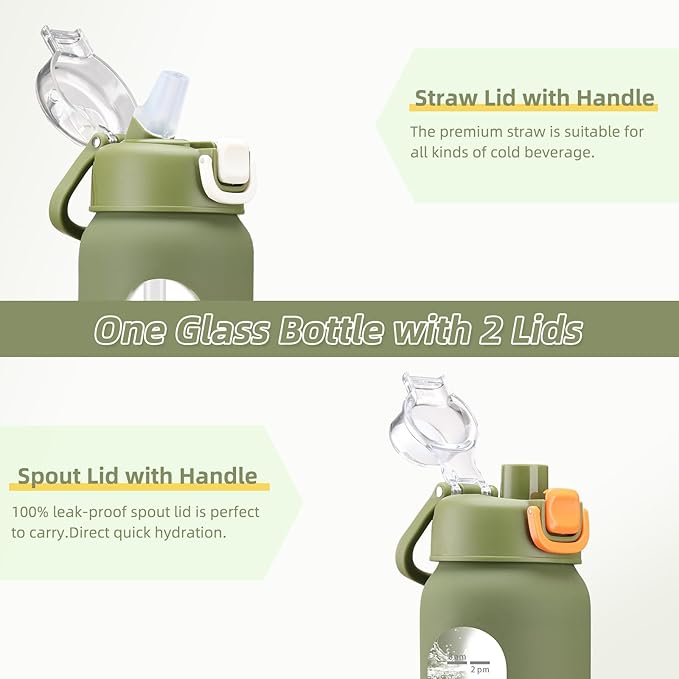 24 oz Glass Water Bottles with 2 Lids-Handle Spout Lid & Straw Lid, Motivational Water Bottle with Time Marker and Silicone Sleeve,Leakproof-Army Green-1 Pack