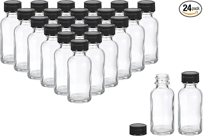 PATIKIL 1oz(30ml) Glass Sample Bottles, 24Pcs Round Bottle Dispensing Bottles with Black Poly Cone Cap for Reagent Liquids, Juice, Perfume Hot Sauce Ginger Shots, Transparent