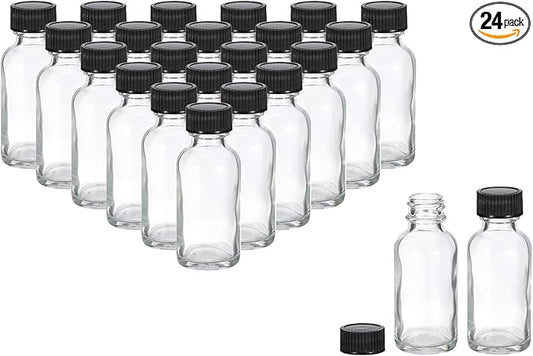 PATIKIL 1oz(30ml) Glass Sample Bottles, 24Pcs Round Bottle Dispensing Bottles with Black Poly Cone Cap for Reagent Liquids, Juice, Perfume Hot Sauce Ginger Shots, Transparent