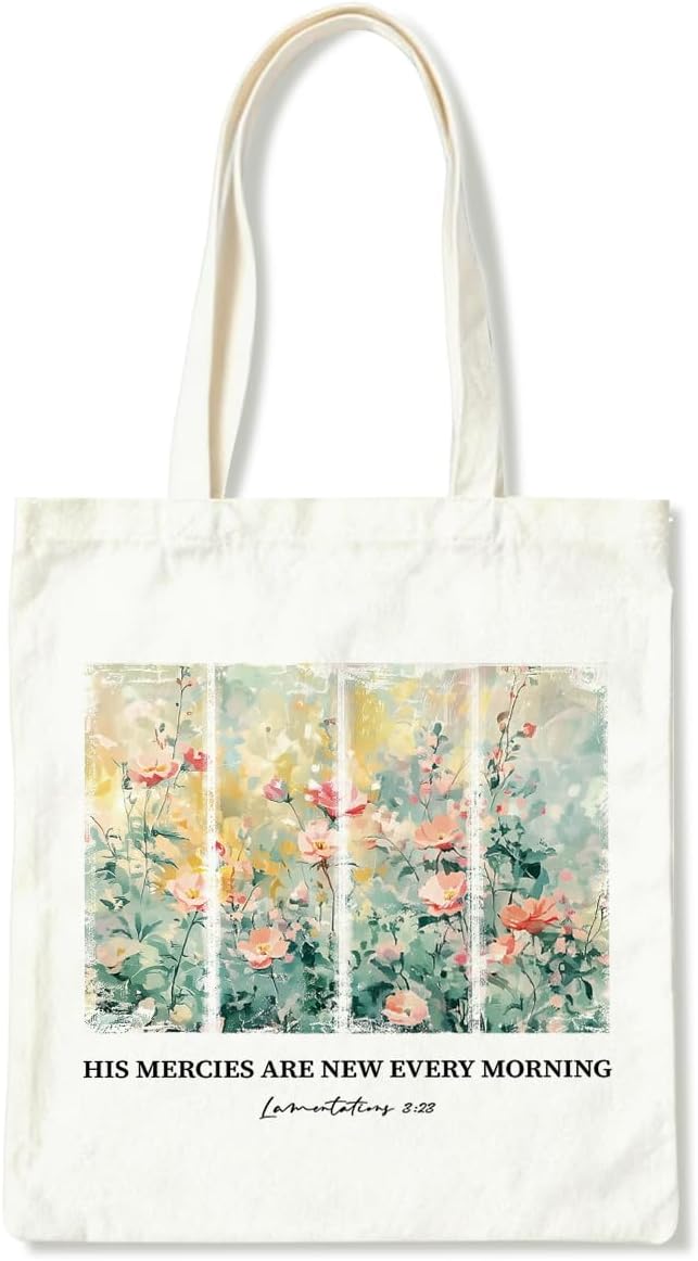 Funny Canvas Tote Bag, His Mercies Are New Every Morning Tote Bag, Christian Canvas Totes for Work Traveling, Reusable Grocery Shoulder Shopping Bags, Christmas Gifts to Women Friends