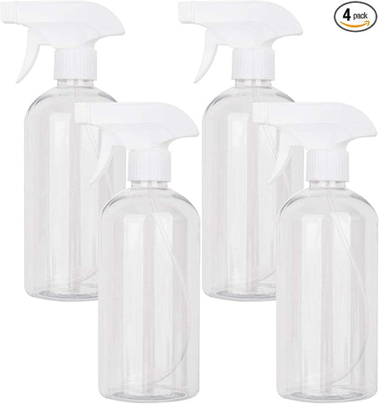 UUJOLY 17 oz Plastic Spray Bottle Trigger Empty Spray Bottles Clear Refillable Container for Water, Essential Oils, Hair, Cleaning Products, Adjustable Head Sprayer and Stream (4 Pack/500ml)