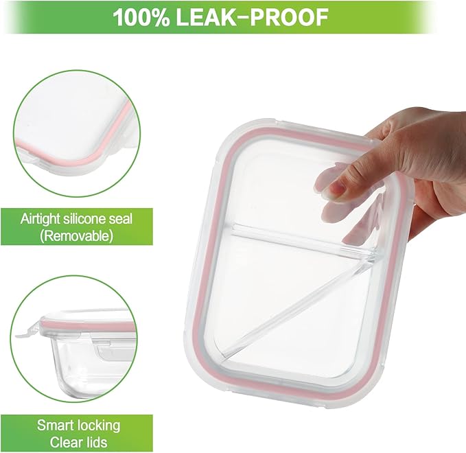 HOMBERKING 10 Pack 24oz Glass Meal Prep Containers 2 Compartment, Glass Food Storage Containers with Lids, Airtight Glass Lunch Bento Boxes, BPA-Free & Leak Proof (10 lids & 10 Containers) - Pink