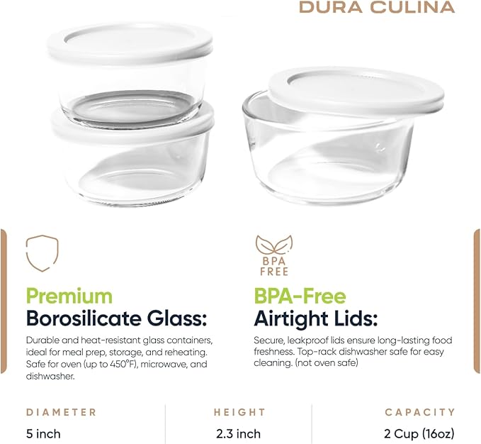 DURA LIVING 6-Piece Glass Food Storage Containers Set (3 Containers + 3 BPA-Free Lids) | 2-Cup, Leakproof | Microwave, Freezer, Oven & Dishwasher Safe | Ideal for Meal Prep & Pantry Organization