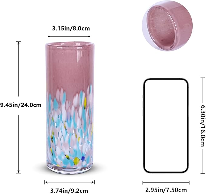 9.45" Tall Pink Vase Hand Blown Glass Vase Green, Modern Pink Home Centerpieces Wide Mouth Vases for Bud&Flower Decor - Ideal Living Room, Kitchen, Wedding, Dining Table, Office Center Table