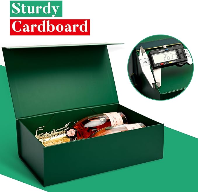 LIFELUM Christmas Gift Box for Presents 1 Pack 13.85 x 8.35 x 4.45 inch Big Decorative Green Gift Box for Clothes with Magnetic Lids Luxury Accessories Card, Ribbon, Filler,Sticker