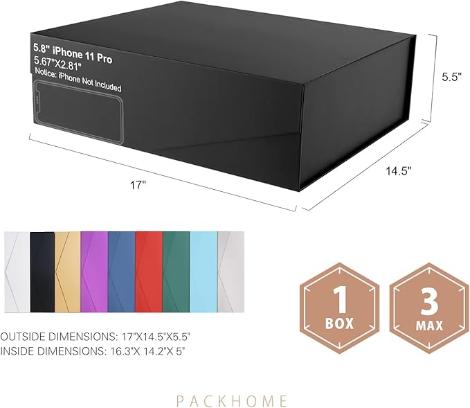 PACKHOME 17x14.5x5.5 Inches, Extra Large Gift Box with Lid, Magnetic Closure Box for Clothes and Large Gifts (Matte Black with Grain Texture)
