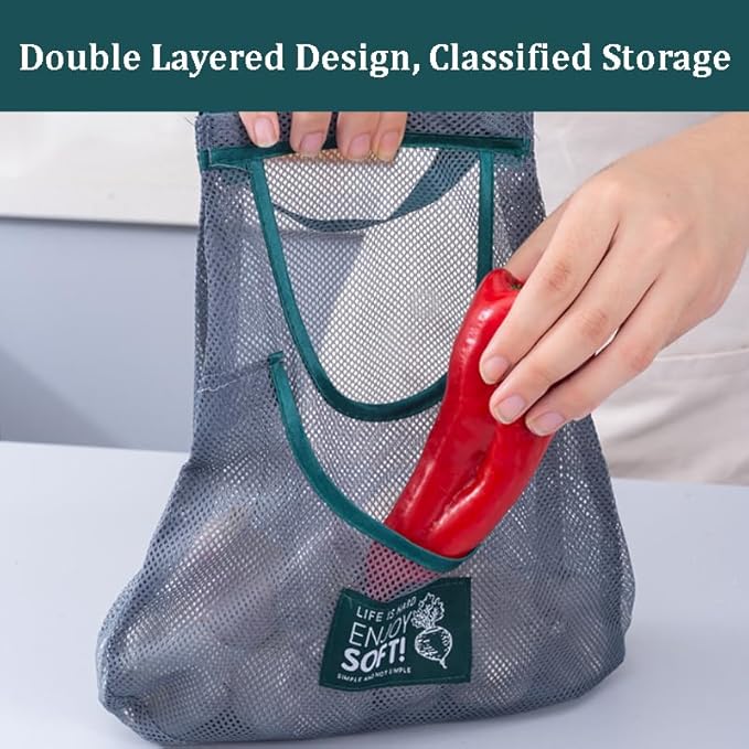 3pcs Hanging Mesh Storage Bags Reusable Produce Bags Dual Pocket Net Bag for Kitchen Fruit Vegetable Garlic Onion Potatoes Tomatoes Storage Bags