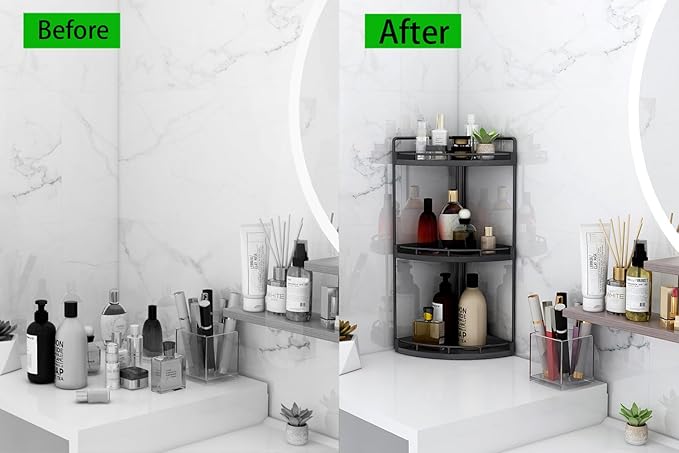 Dorhors 3-Tier Corner Bathroom Organizer Countertop for Storage,Vanity Tray,Wood Counter Organizer for Kitchen,Bathroom,Dresser (Black)